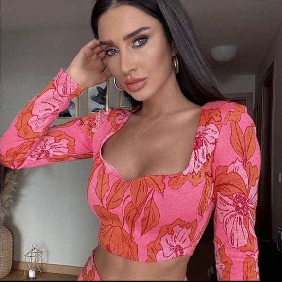 Zara Pink Orange Floral Print Jacquard Crop Top Pants 2 Piece Set small - Picture 5 of 14
